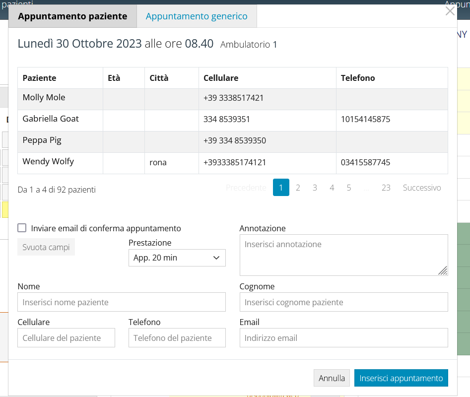 agenda form inserimento appuntamento paziente