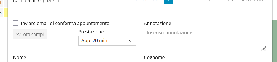 agenda form inserimento appuntamento paziente menu prestazione chiuso