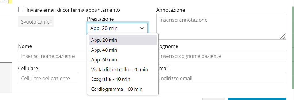 agenda form inserimento appuntamento paziente menu prestazione aperto