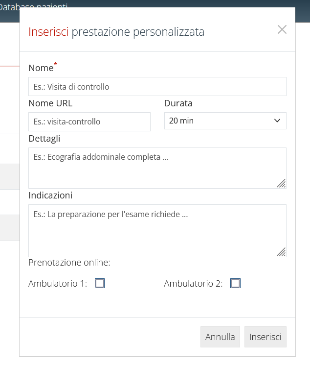 prestazioni mediche form inserimento prestazione