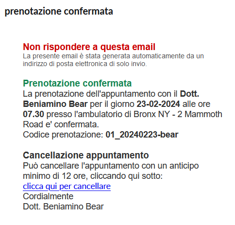 email conferma prenotazione link cancellazione online