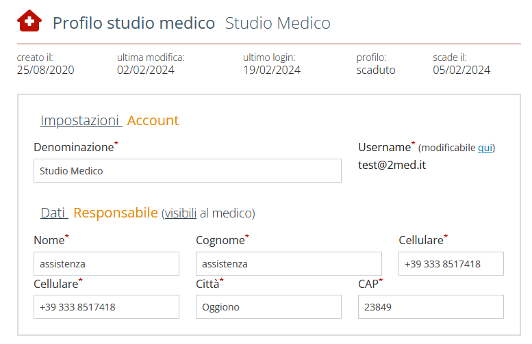 profilo studio medico impostazioni account